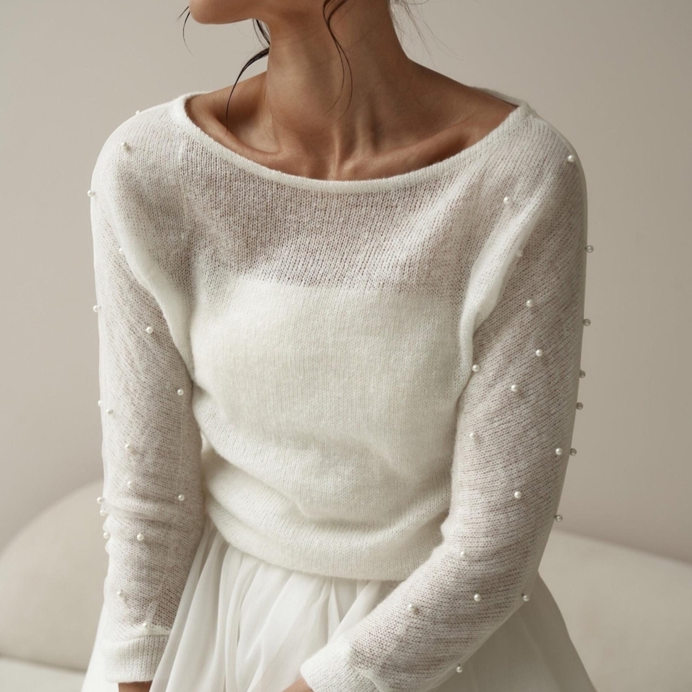 Elegant White Sweater with Pearl Details